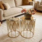 Homebeez Gold Nesting Tables Set of 2, Glam Leaf Design Round End Table - Image 2