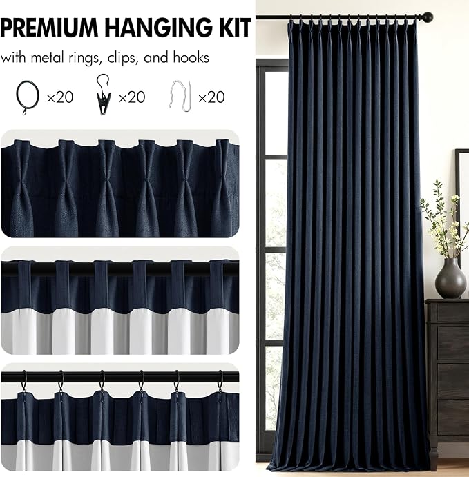MIULEE Navy Blue Pinch Pleated 100% Blackout Linen Curtains 40x102 Inches | - Image 8