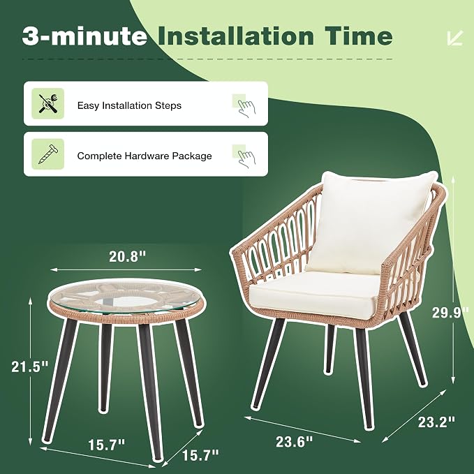 ECOTOUGE 3 Piece Wicker Patio Bistro Set, Outdoor Rattan Dining Set - Image 2