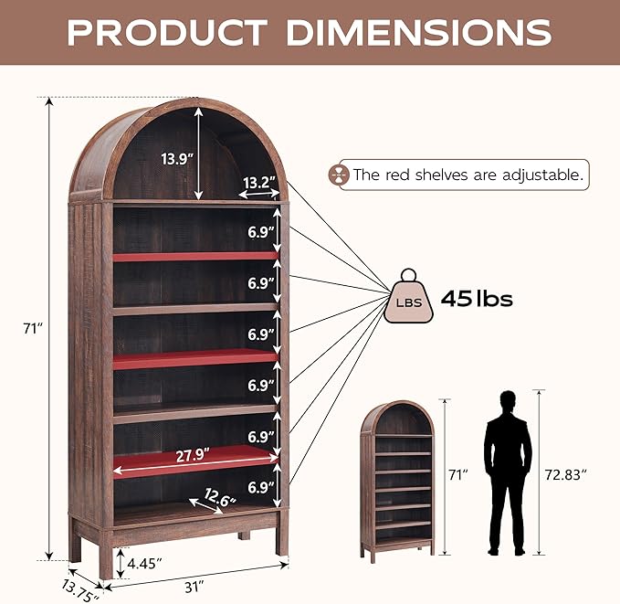 IFGET 71" Tall Arched Bookshelf, 7 Tiers Arch Bookcase - Image 2