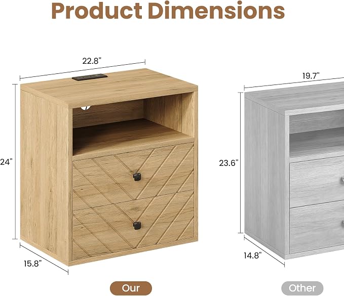 Modern Nightstand with Charging Station, LED Bedside Table with 2 Storage - Image 2