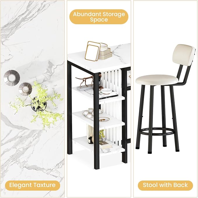 AWQM 3-Piece Bar Table and Chairs Set, Modern White Faux Marble Table - Image 6