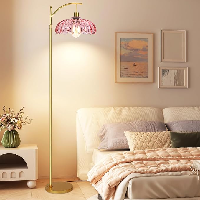 QIYIZM Pink Floor Lamp for Living Room, Mid Century Modern Brass Tall Lamp Boho - Image 3