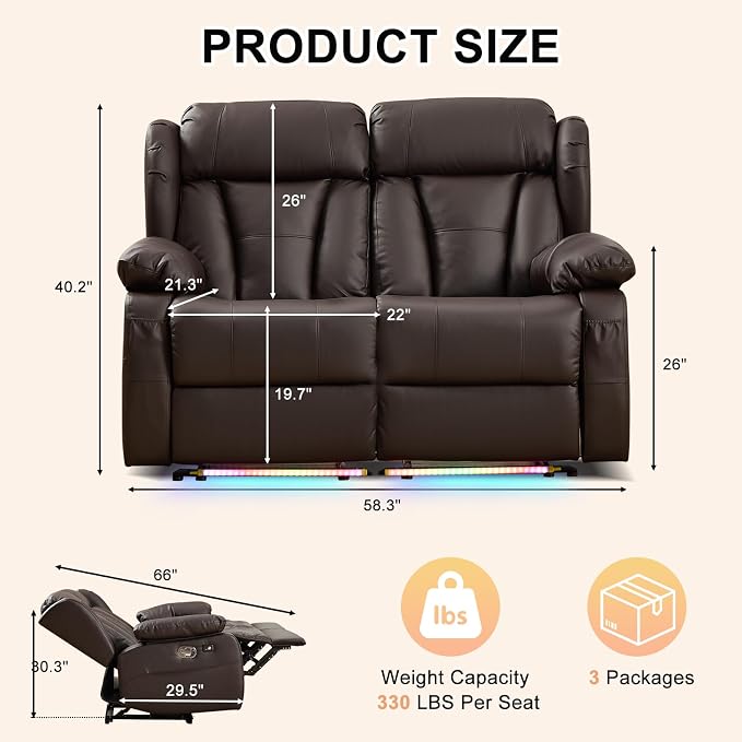 58.3" Reclining Loveseat Sofa, RV Loveseat Recliner Couch - Image 2