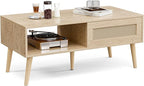 ZttRiee Wood Coffee Table with Storage, Boho Dining Table with Sliding Rattan - Image 5