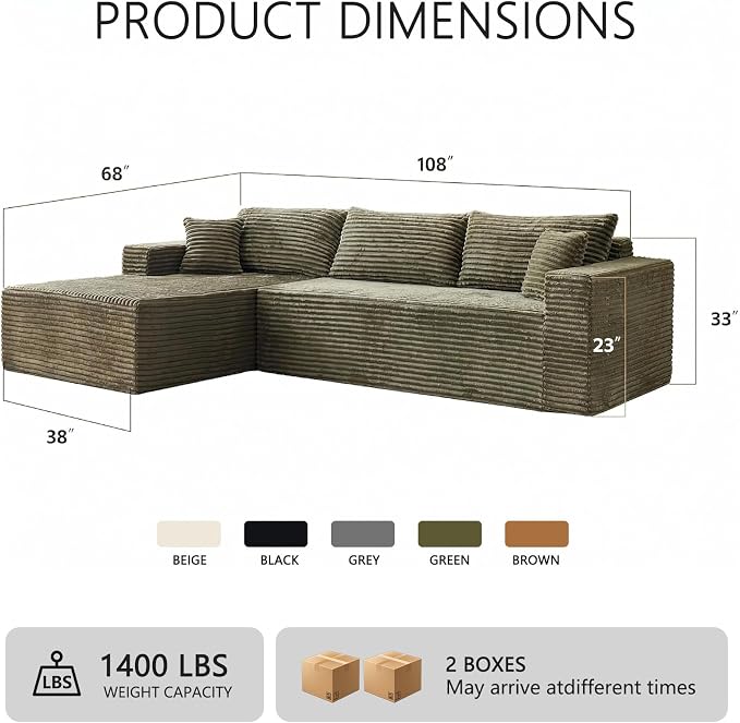 108" Boneless Couch Modular Sectional Sofa, L-Shaped Couch - Image 2