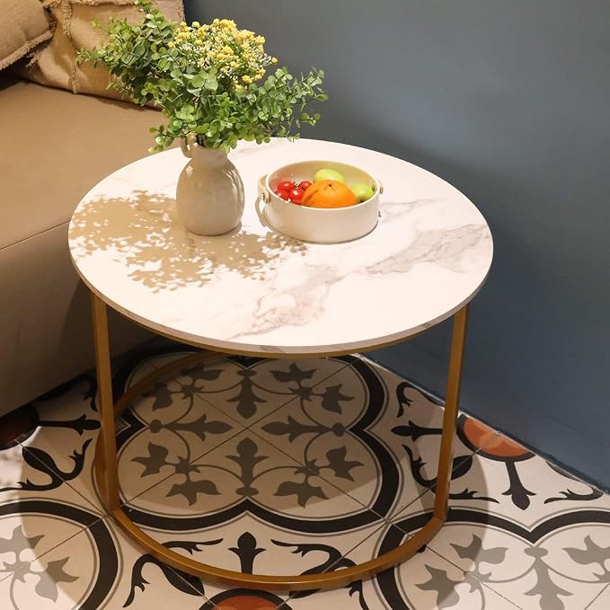 aboxoo Coffee Table Nesting White Set of 2 Side Set Golden Frame Circular Round - Image 8