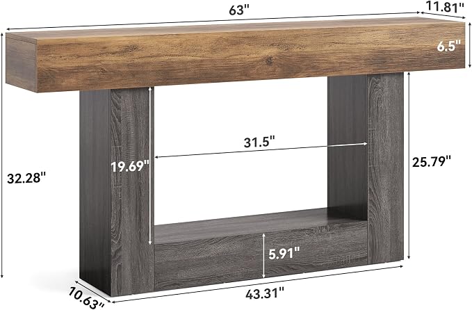 LITTLE TREE 63 Inches Long Console Table, 2-Tier Farmhouse Sofa Table Behind - Image 2