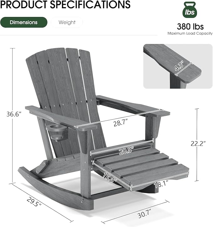 Adirondack Rocking Chair with Retractable Ottoman, Outdoor Folding Adirondack - Image 3