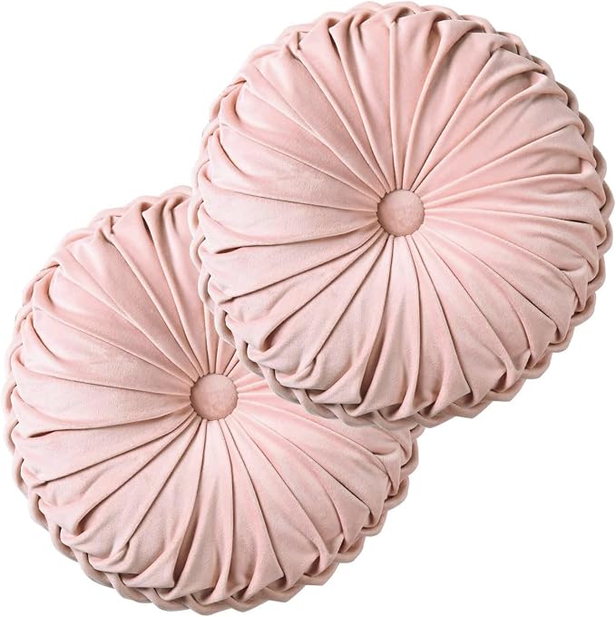 HIG Set of 2 Pink Velvet Decorative Round Pleated Throw Pillows | Vintage Floor by HIG