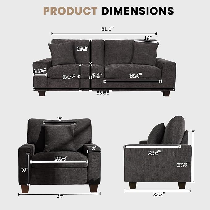 DOPEDIO Modern Living Room Sofa Set, 88.58" Chenille Loveseat - Image 2