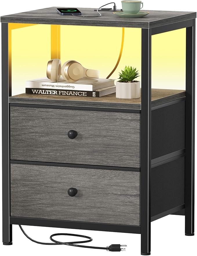 BOLUO Gray Nightstand with Charging Station, LED Night Stand with 2 Fabric by BOLUO