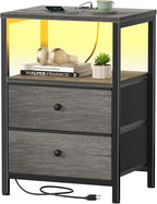 BOLUO Gray Nightstand with Charging Station, LED Night Stand with 2 Fabric by BOLUO