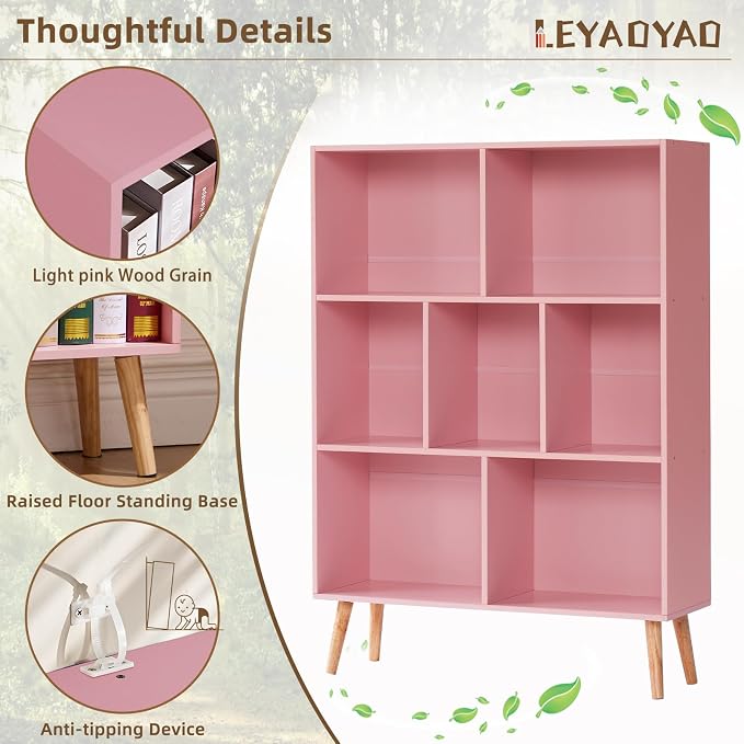LEYAOYAO Cube Bookshelf 3 Tier Mid-Century Light Pink Modern Bookcase - Image 5