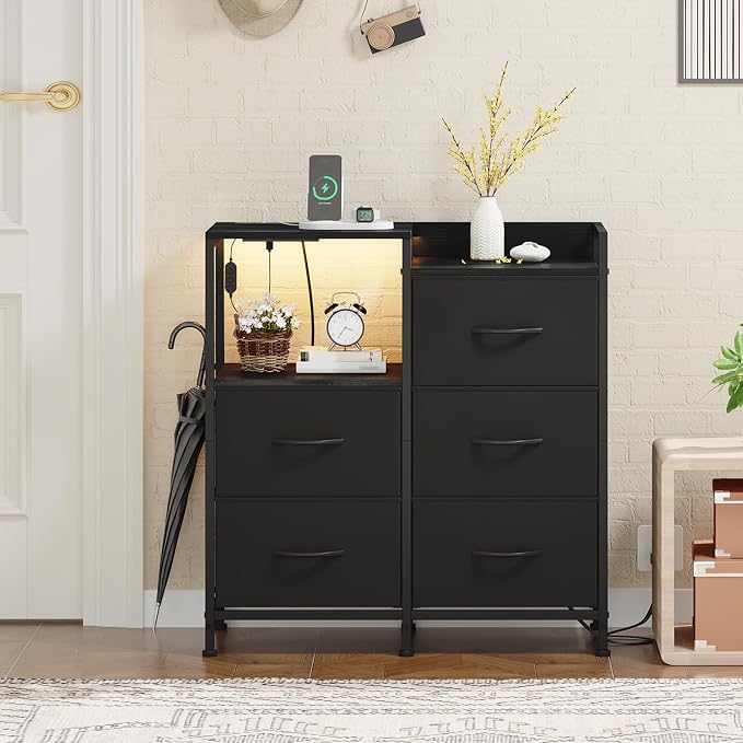 Somdot Black Nightstand with Charging Station and LED Light, Wide 5 Drawers - Image 9