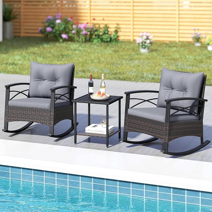 Tangkula 3 Pieces Outdoor Rocking Chairs Set, Rattan Heavy Duty Cushioned - Image 3