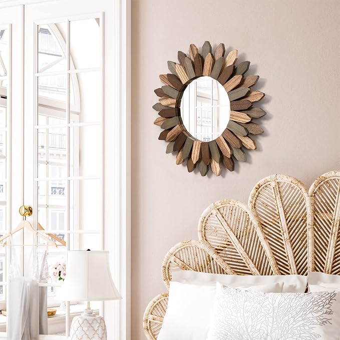 Emfogo Wall Mirror 12 inch Rustic Wood Sunburst Boho Mirror Farmhouse Wall - Image 2