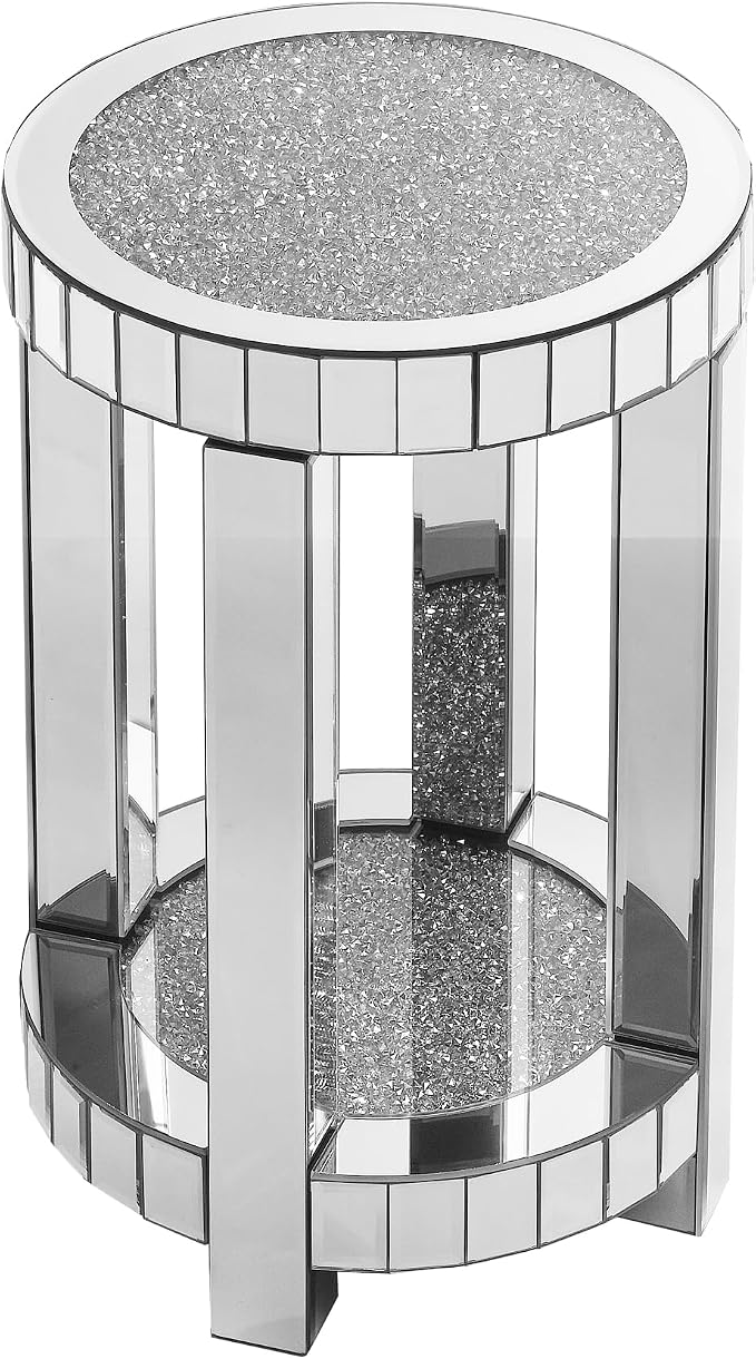Mirrored Round End Table with Crystal, 2-Layer Modern Small Sofa Table with - Image 7