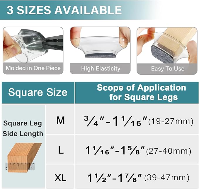 Ansible 24 Pcs Chair Leg Floor Protectors Square, Silicone Felt Furniture Leg - Image 5