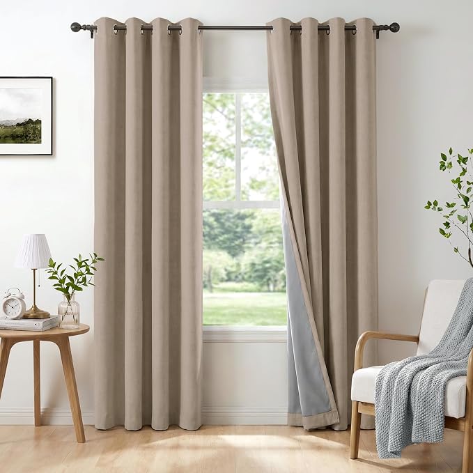 100% Blackout Linen Textured Curtains 72 Inch Long, Burlywood Birch | 100% by 100BlackoutShield
