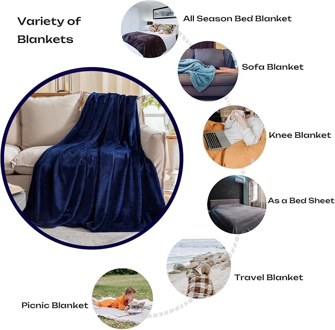 Fleece Plush Throw Blanket Navy Blue 60"x80"for Couch Fuzzy Cozy Flannel | - Image 3