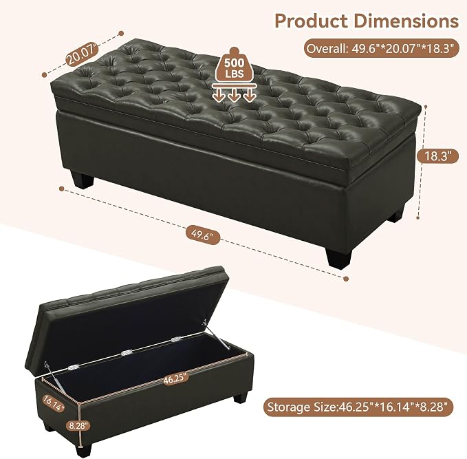 WUTUTUEE 50" Faux Leather Storage Ottoman Bench, End of Bed Upholstered - Image 2