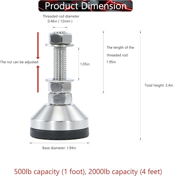 Heavy Duty 2000 lb Capacity Stainless Steel Adjustable Leveling Feet - Image 2