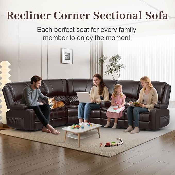 Yolsali Manual Reclining Sectional Sofa Set, 6 Seats Soft Leather Recliner - Image 6