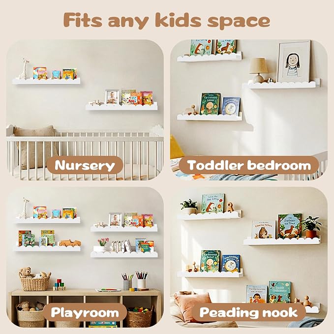 Nursery Floating Shelves for Kids Room, 4 Pack 23.6 x 4.7 Inch Scalloped Kids - Image 6
