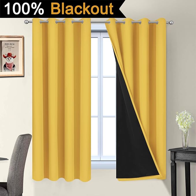 Yakamok Mustard Yellow Blackout Curtains Panels 63 Inches Long, 2 Thick Layers - Image 2
