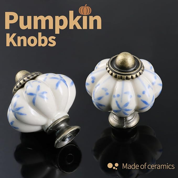 Ivory & Blue Pumpkin Knobs 12 Pack Ceramic Cabinet Knobs Vintage Drawer Pulls - Image 5
