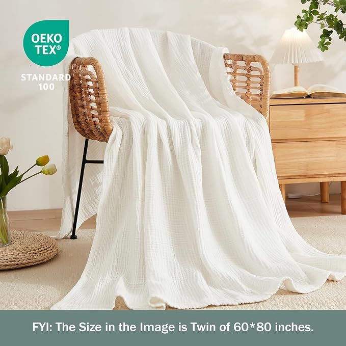 EMME Muslin Blankets for Adults White Small Blanket 40" x 50" | Throw Blanket - Image 3