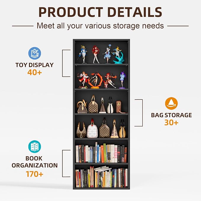 Furniwell 71" Tall Bookcase Bookshelves, 6 Tier Floor Standing Bookcases Open - Image 5