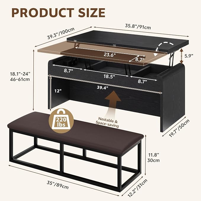 Lift Top Coffee Table with Bench, 4-in-1 Multi-Function Coffe Table w/Curved - Image 2