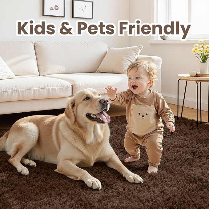 5x8 Fluffy Shag Area Rugs for Living Room Bedroom: Soft Plush Carpet Brown | - Image 3