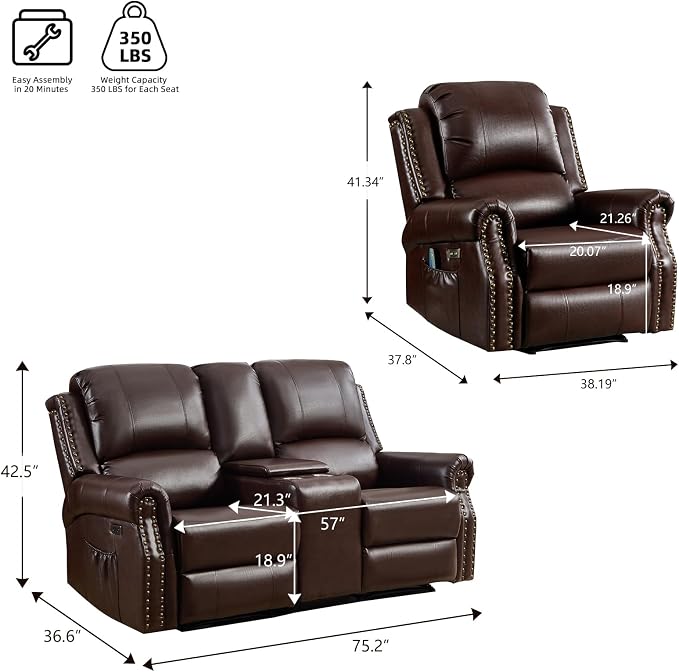 EBELLO 2-Piece Manual Recliner Sofa Set, Faux Leather Message Single Recliner - Image 2