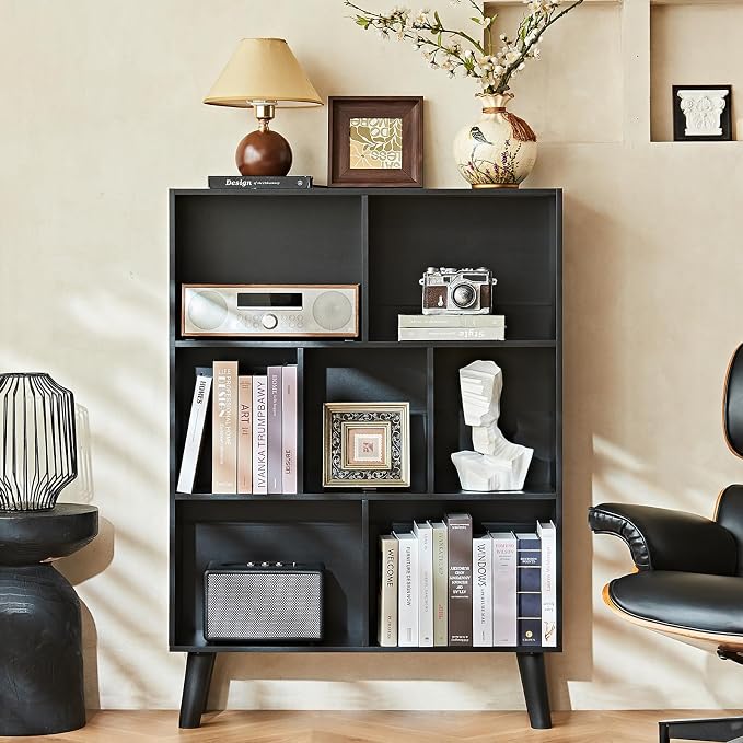 LEYAOYAO 7 Cube Black Bookshelf, 3 Tier Modern Bookcase - Image 7