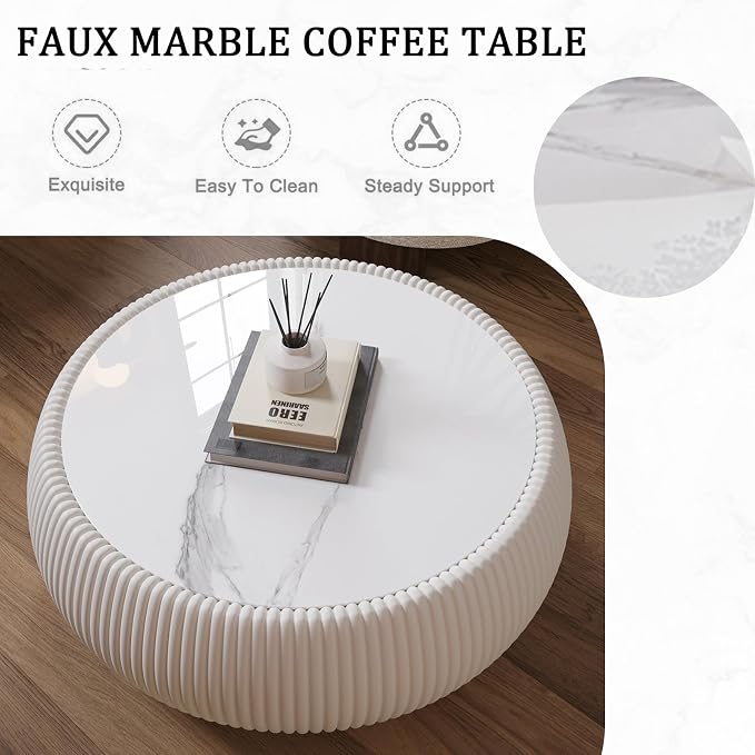 27.55" Round Marble Coffee Table, Modern Drum Coffee Cocktail Center Tables - Image 5