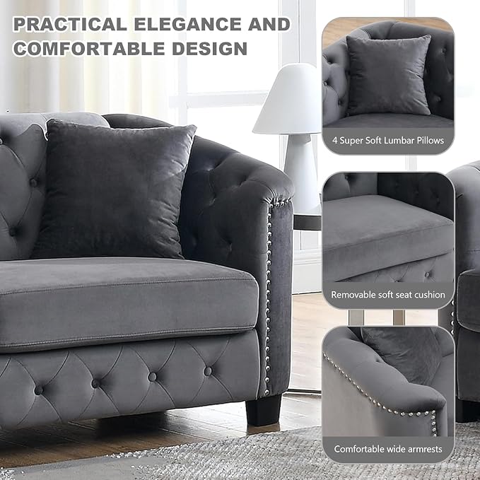 2 Piece Modern Chesterfield Velvet 77" 3-Seater Sofa Set, Upholstered Tufted - Image 4