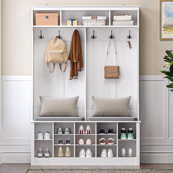 Wodeer Hall Tree with Bench and Shoe Storage, 6 Hooks, 12 Shoe Cubbies - Image 6