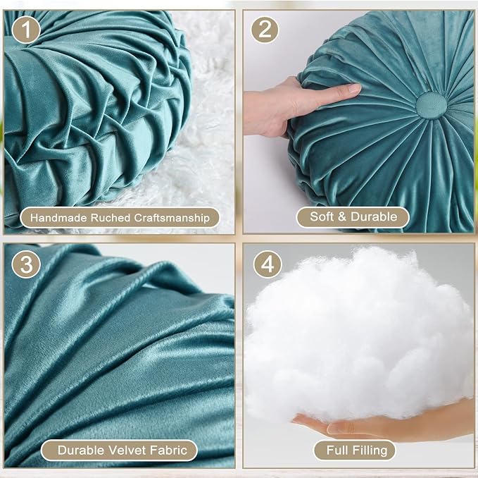 HIG Set of 2 Teal Velvet Decorative Round Pleated Throw Pillows | Vintage Floor - Image 3