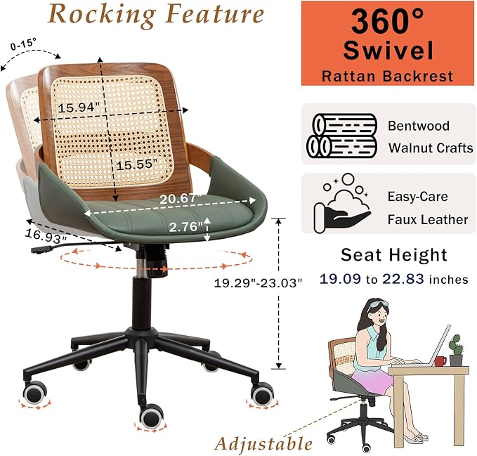 Home Office Desk Chair with Ergonomic Rattan Backrest, Walnut Crafts, Curved - Image 2