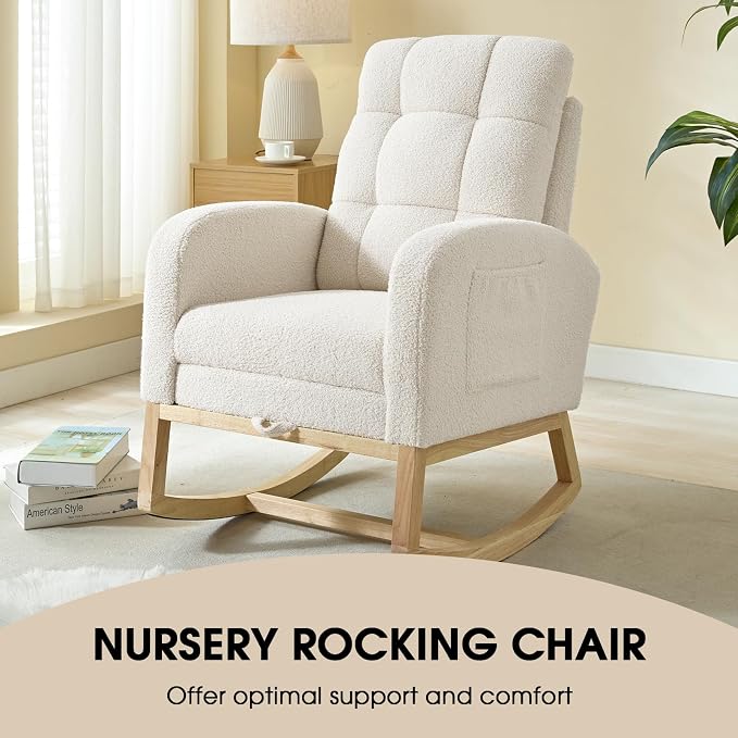 NIOIIKIT Modern Nursery Rocking Chair, Teddy Upholstered Rocking Chair - Image 4
