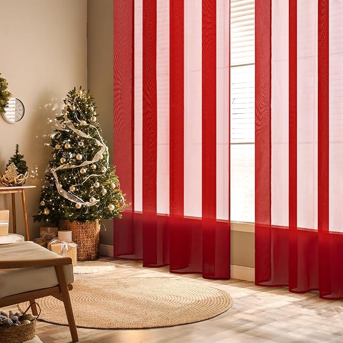 MIULEE 2 Panels Red Sheer Christmas Window Curtains 54 X 108 Inches | Solid - Image 2