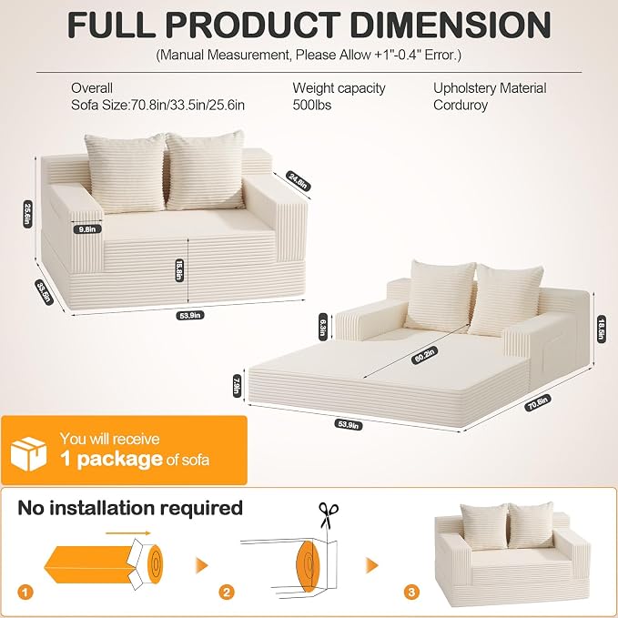 Erament Convertible Sofa Bed, Loveseat Folding Floor Futon Sleeper Sofa Couch - Image 2