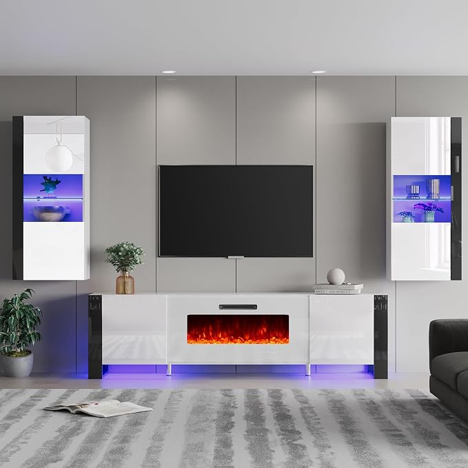 AMERLIFE 3-Piece Modern Wall Unit Entertainment Center Set, High Gloss 80" by AMERLIFE