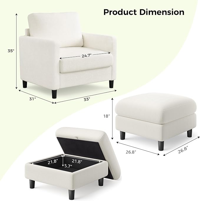 Welzona Sofa Accent Chair with Ottoman, Tool-Free Setup Living Room Accent - Image 2