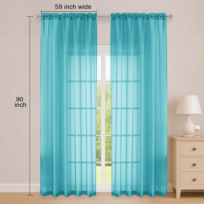 Turquoise Sheer Curtain 90 Inches Long 2 Panels Set, Solid Filmy Drapes - Image 2