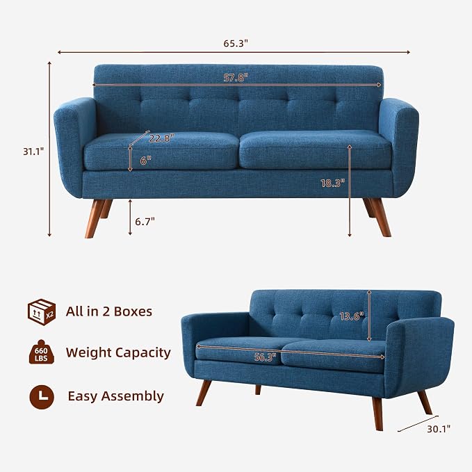 Tbfit 65" W Loveseat Sofa with Ottoman Coffee Table, Mid Century Modern Love - Image 2