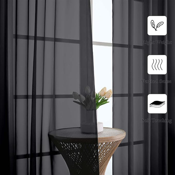Black Sheer Curtains 84 Inches Long 2 Panels, Balance Light & Privacy Bedroom - Image 3